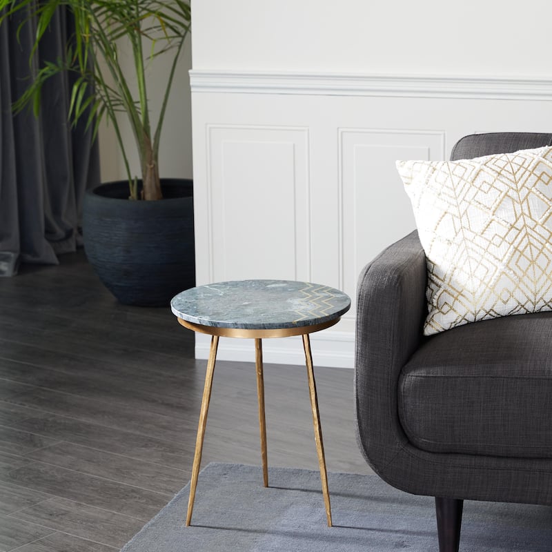 Marble Accent Table with Gold Metal Tripod Legs and Zig-Zag Detail - Green - Roche River Decor