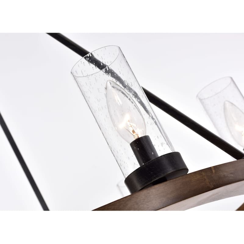 Daniela Natural Wood and Antique Black Metal Bubble Glass Chandelier