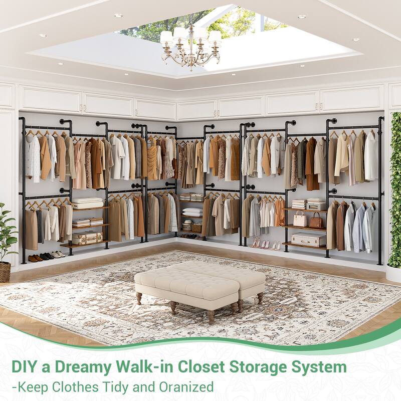 Industrial Pipe Garment Rack with Expandable Hanging Rods and Shelves,Reversible Walk-in Closet Organizer System Clothing Rack
