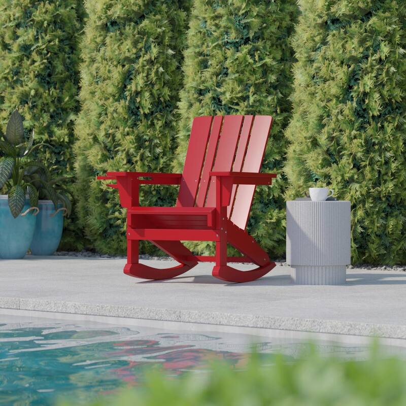 Commercial All-Weather Rocking Adirondack Chair with Swiveling Cupholder