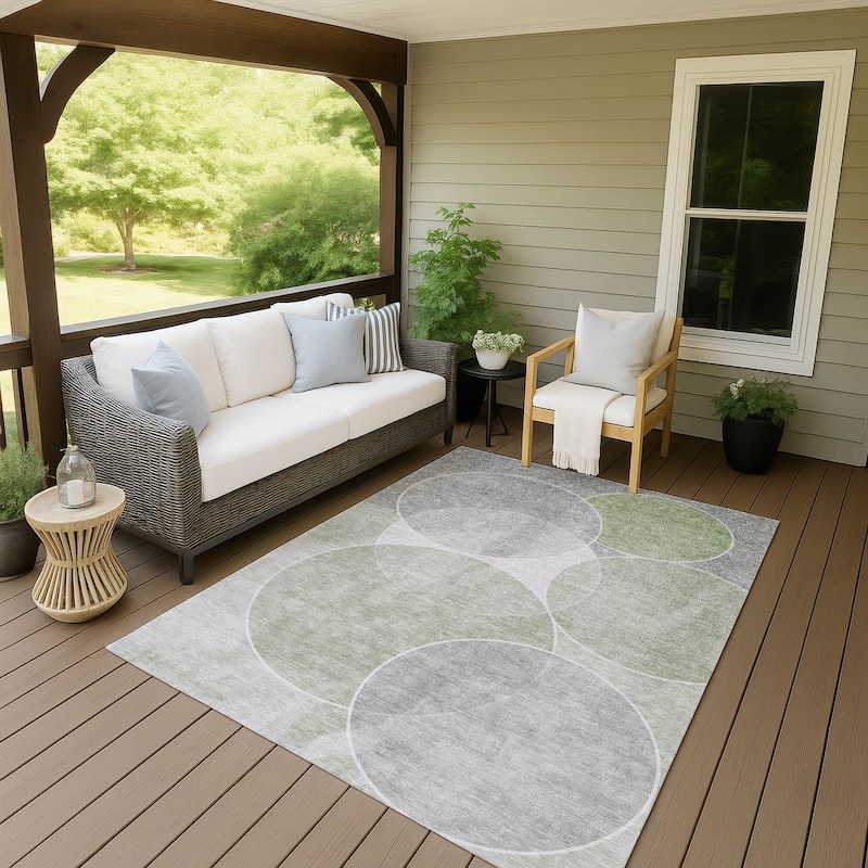 Machine Washable Indoor/ Outdoor Abstract Circles Chantille Rug - Aloe - 10' x 14'