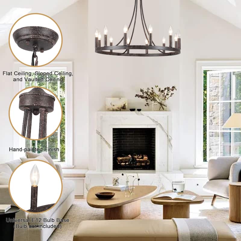 12-light Rustic Farmhouse Wagon Wheel Chandelier Candle Dining Room Lighting - N/A