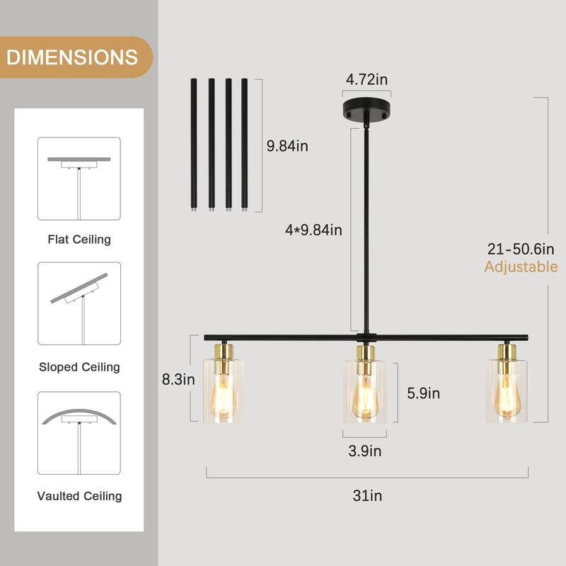 Modern Linear Ceiling Hanging Light 3-Lights Industrial Pendant Light with Adjustable Height for Living Room, Foyer - N/A