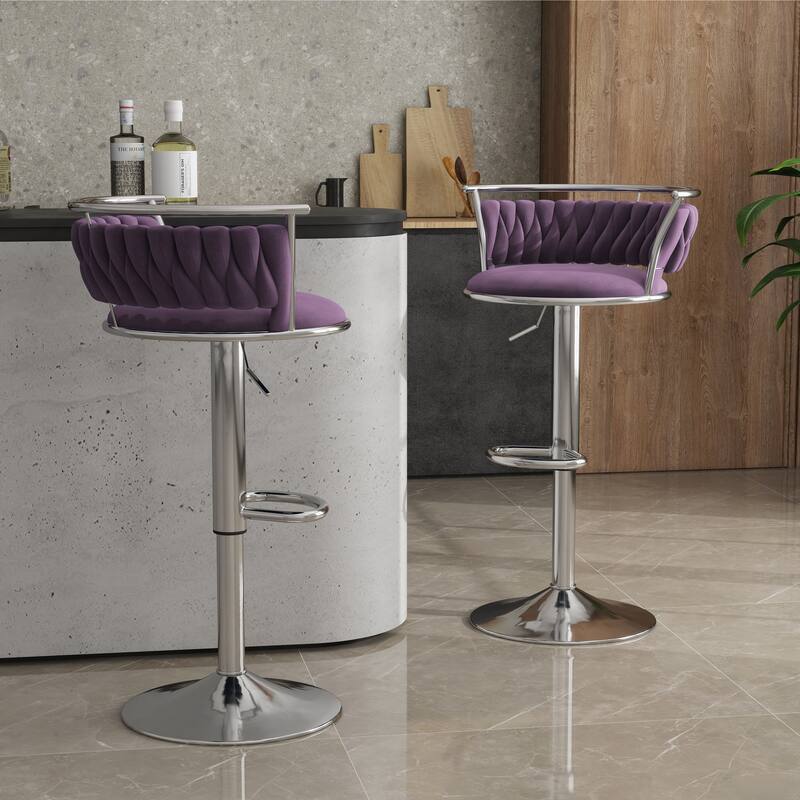 Set of 2 Velvet Adjustable Swivel Bar Stools - Silver/Purple