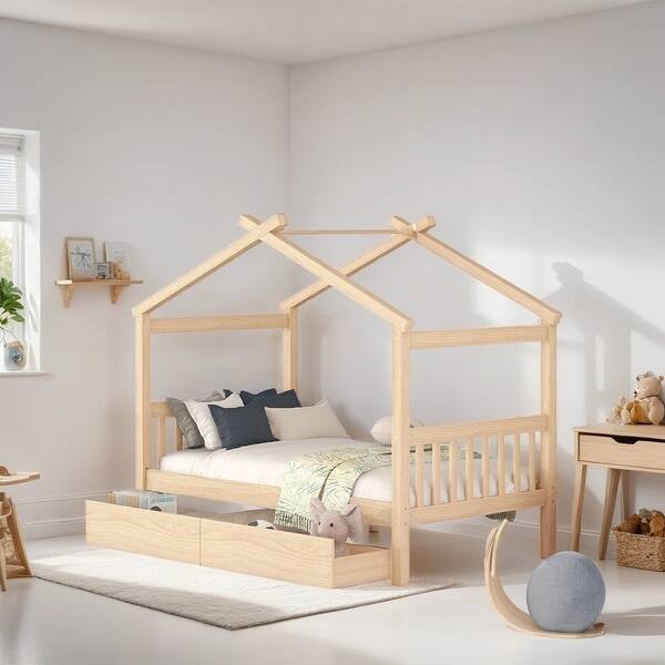 slide 2 of 9, Twin Size Wooden Creativity House Bed Kids Bed with Drawers, Natural Natural