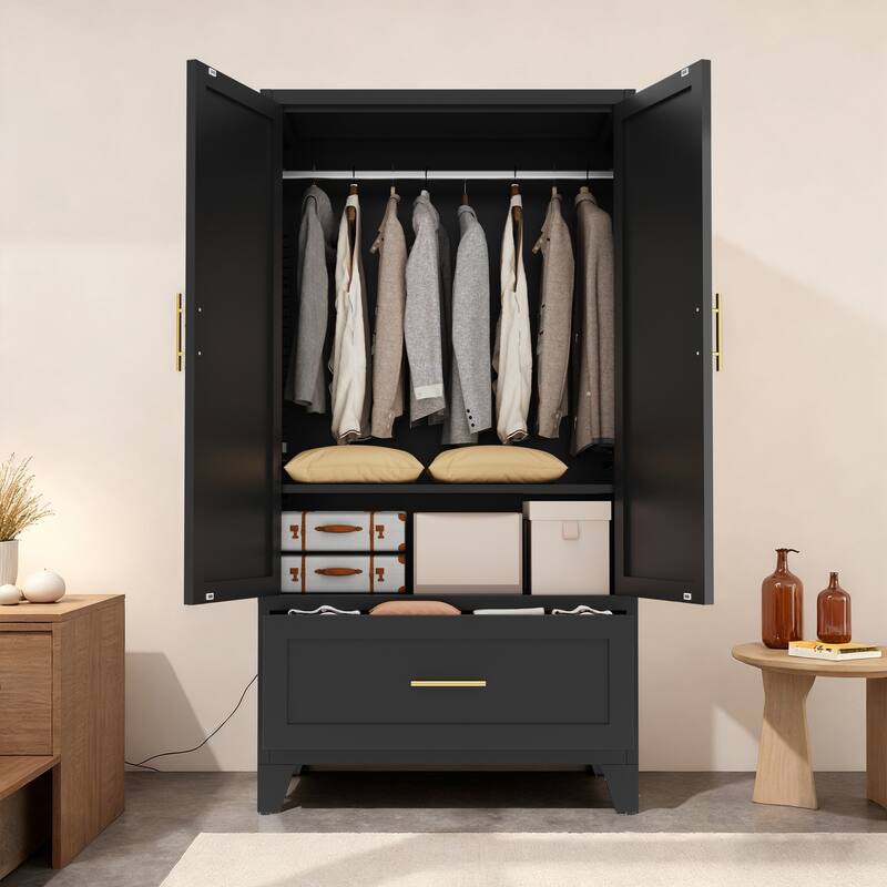 60" Tall Metal Wardrobe Cabinet with Drawer, Hanging Rod & Shelf, 2-Door Closet