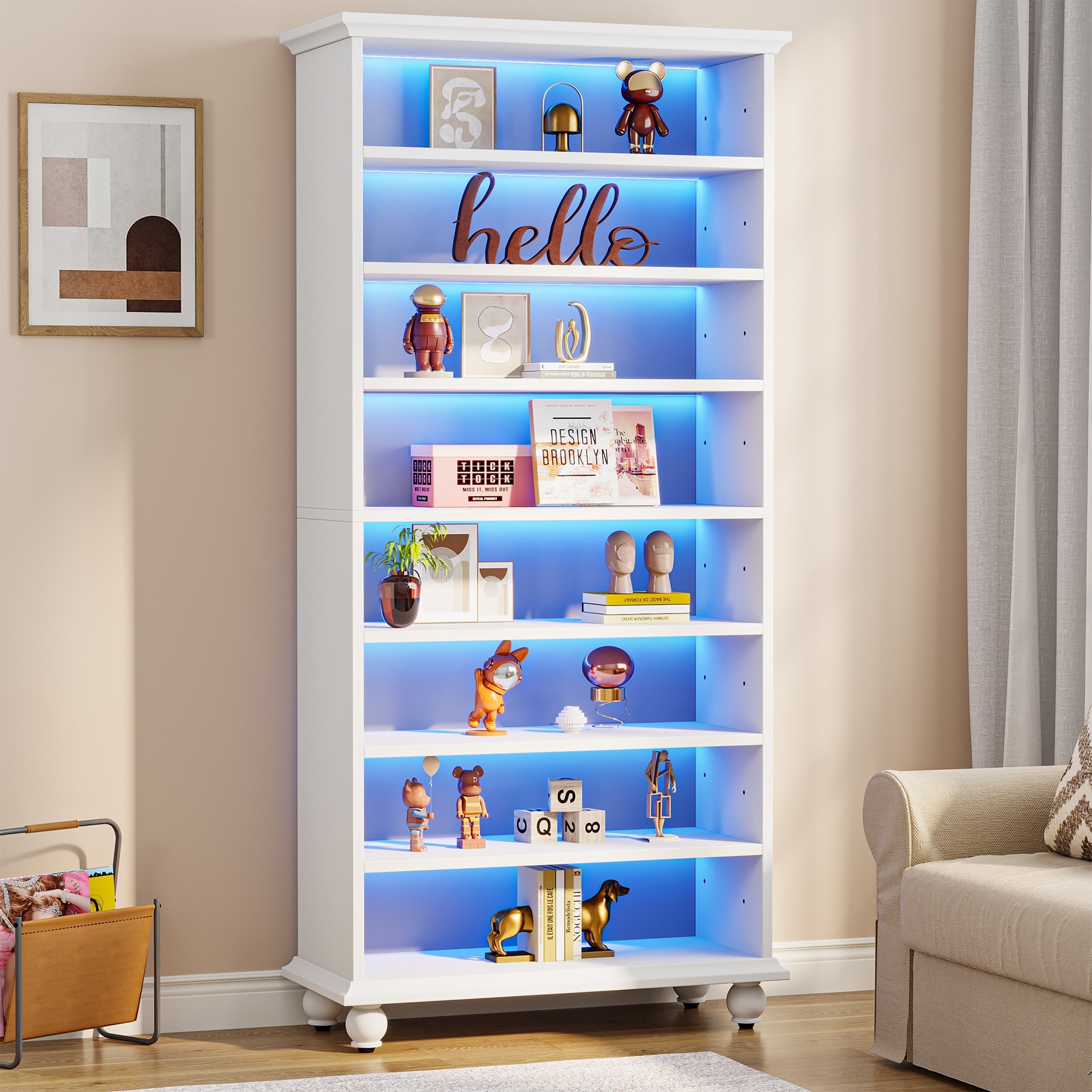 9-tier Tall Bookshelves LED Bookcase for Study Room
