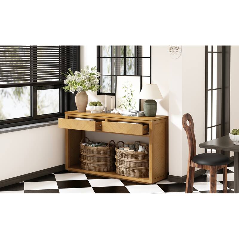 Rustic Wooden Console Table with Drawers and Shelf