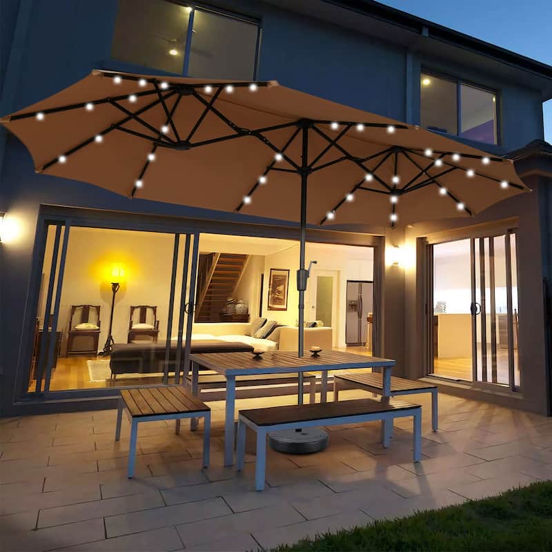 Ainfox 13ft Double-sided Patio Umbrella Solar LED Lighted Outdoor Martet Umbrella with Base - Brown-WithBase