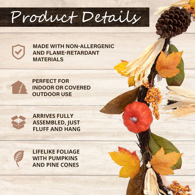 Fraser Hill Farm 9-ft Fall Harvest Garland Decor with Corn Husks, Pumpkins and Pine Cones - Multi
