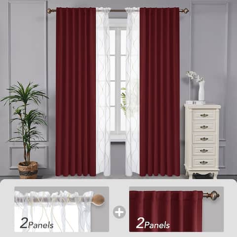 Deconovo Mix & Match Blackout and Embroidered Sheer 4 Piece Curtain Panel Set
