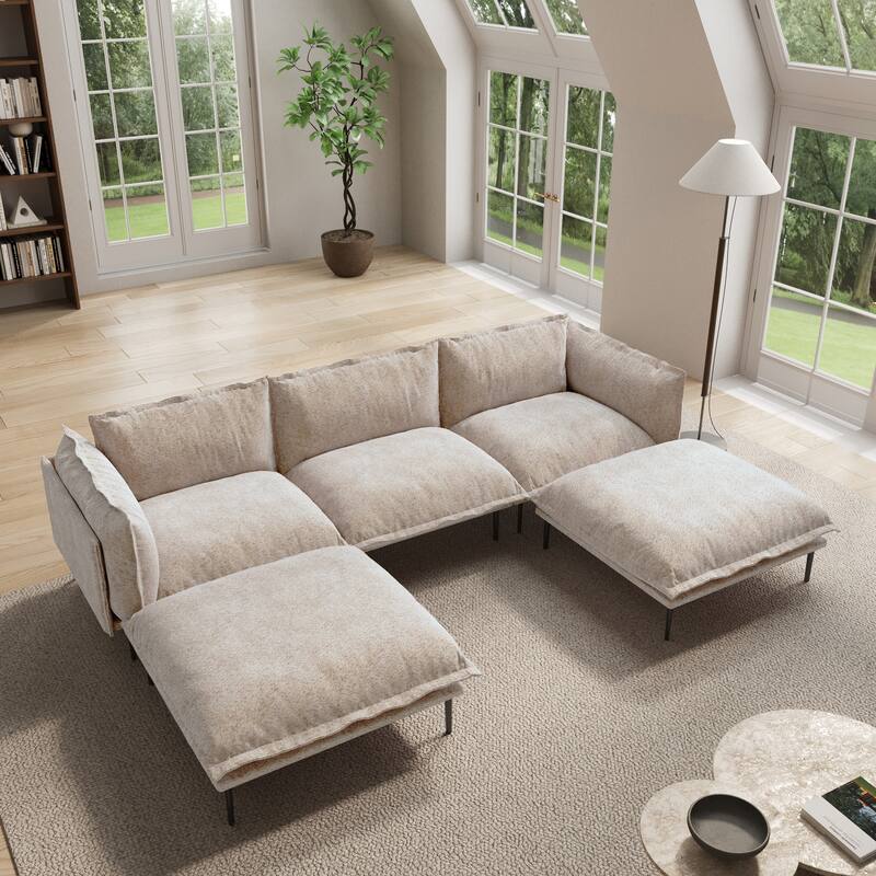 Living Room Furniture Velvet Sectional Sofa Modern Modular Sofa Deep Seat Upholstered Cloud Couch with 2 Ottomans