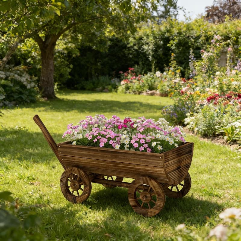 Small Wheelbarrow Wagon Flower Cart, Wooden Mobile Garden Planter - Brown