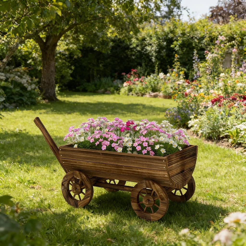 Vintage Wagon Garden Planter with Rolling Wheels for Flower, Vegetable