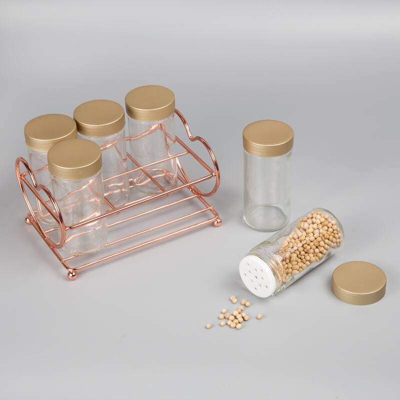 Creative Home Set of 6 Glass Spice Bottle Jar with Copper Plated Rack