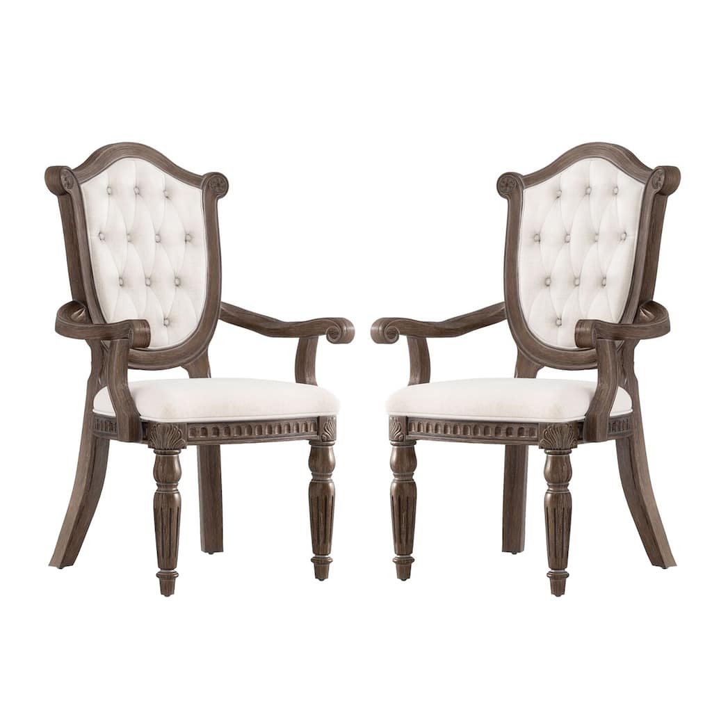 Set of 2 Upholstered Dining Armchairs with Diamond Button Tufted Back in Weathered Oak and Beige
