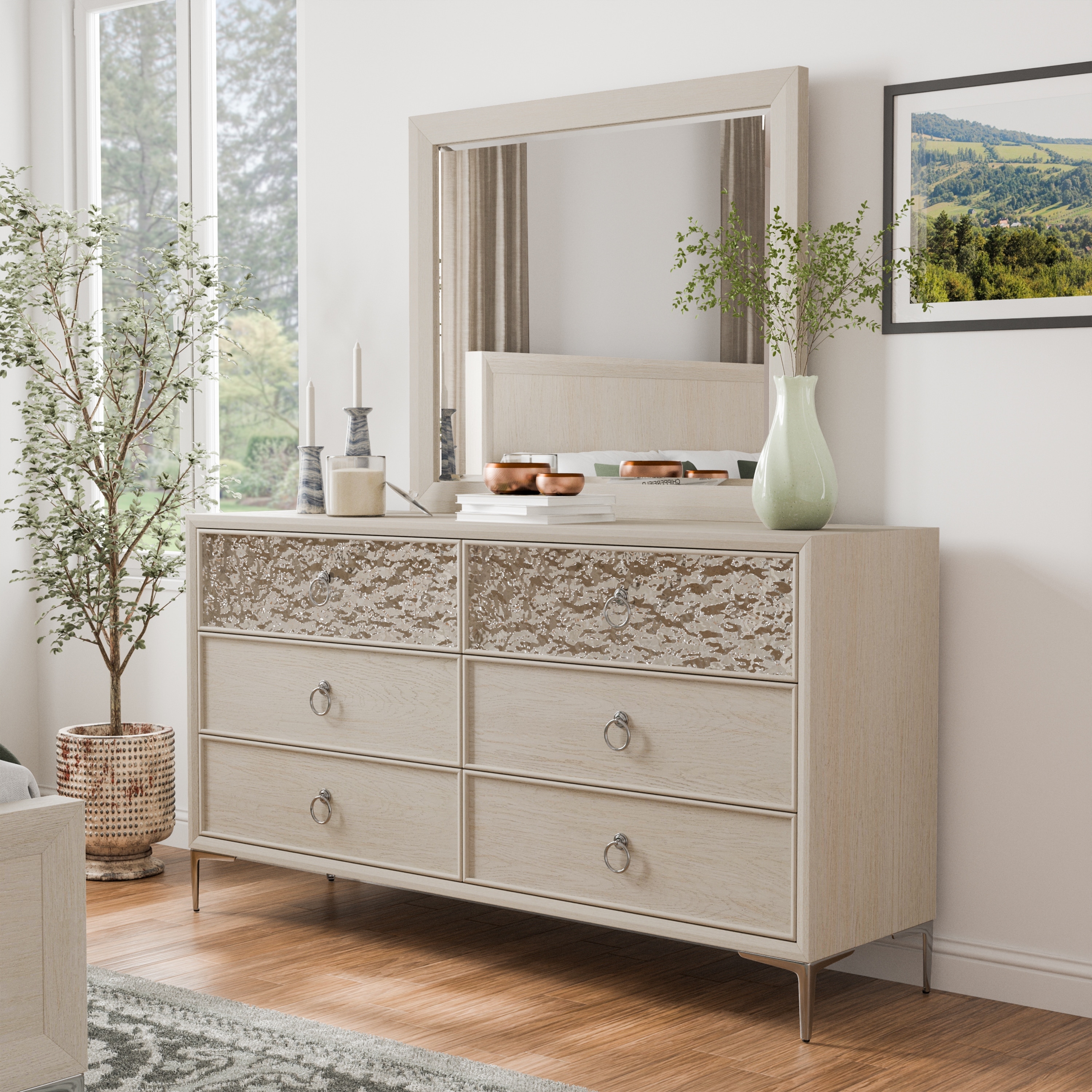 Furniture of America Fable Modern 2-Piece Solid Wood Dresser and Mirror Set