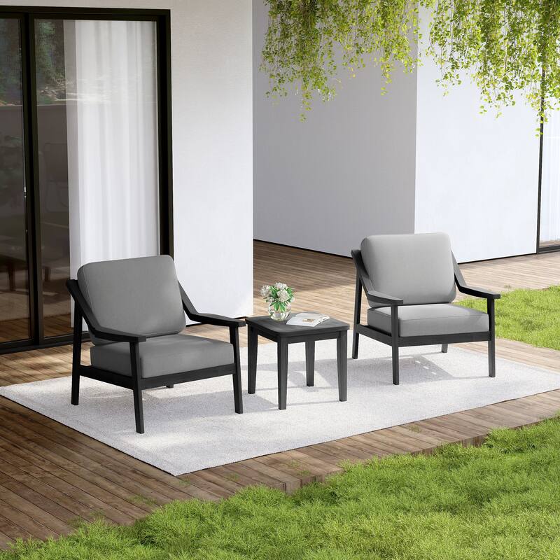 Outdoor Wood Cushioned Patio Set of 2 Accent Chair with Side Table