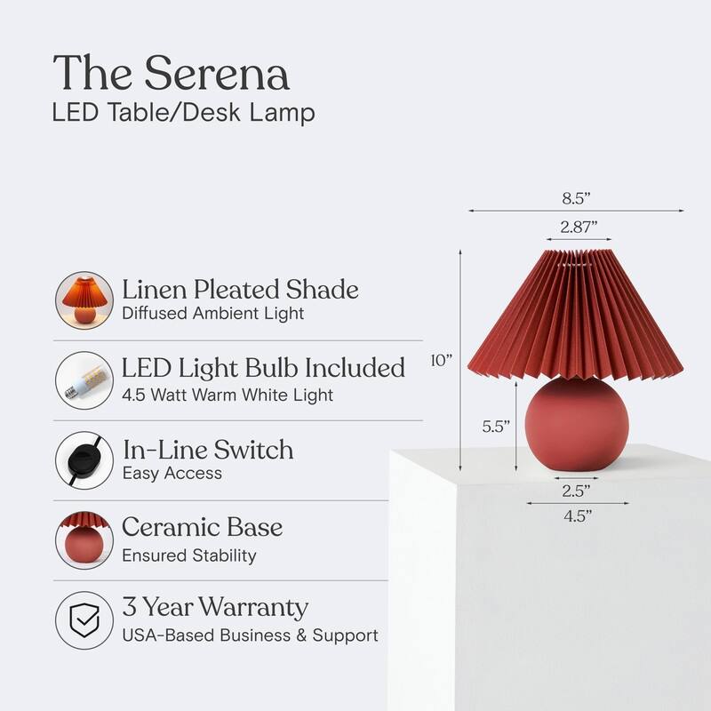Brightech Serena LED Matte Red Midcentury Round Globe Bedside Nightstand Desk Lamp with Red Pleated Empire Shade