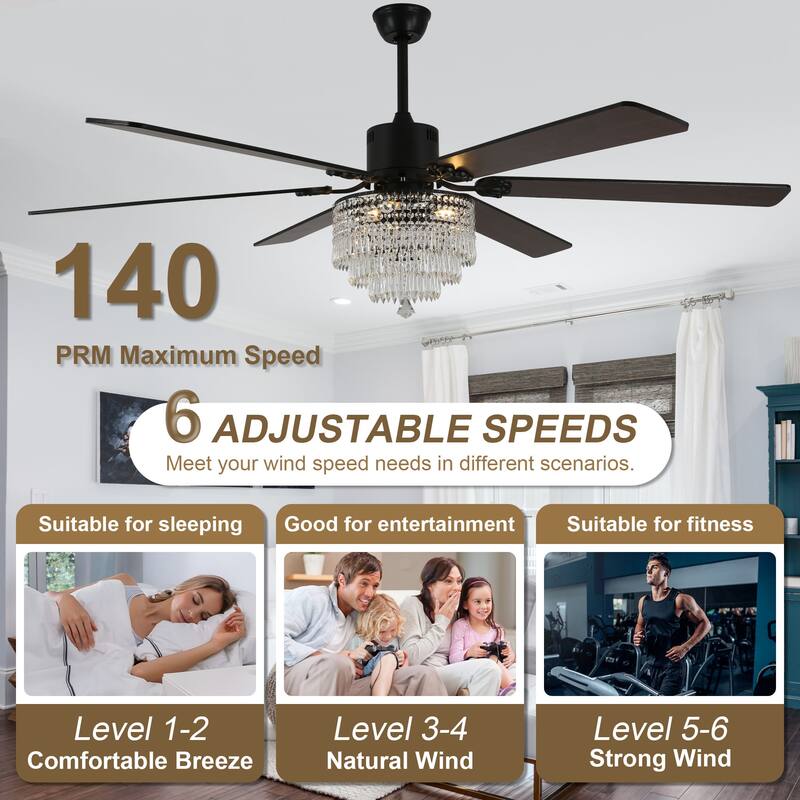 Cusp Barn 65" Modern Crystal Ceiling Fan with Lights and Remote, 6 Speeds Silent DC Motor Large Chandelier Ceiling Fan