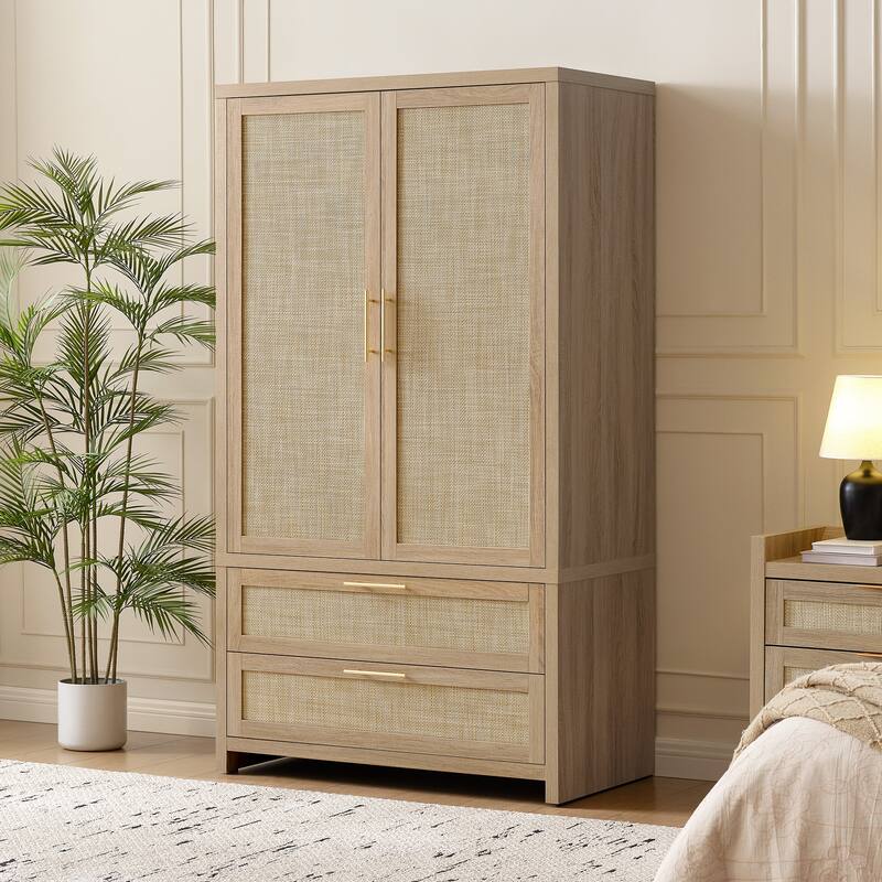 Large - Capacity Bohemian Storage Cabinet with Two Drawers and Adjustable Shelves - 1-Piece - Light Oak