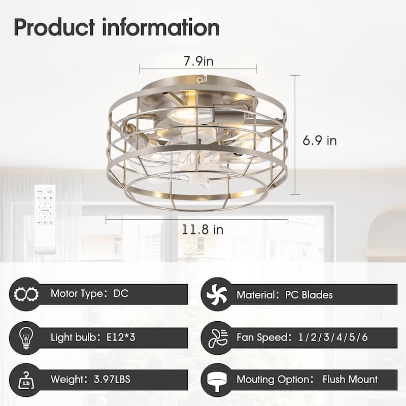 12" Low Profile Enclosed Cage Ceiling Fan with Light and Remote