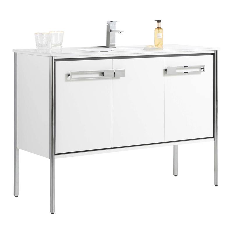 Fine Fixtures Oakville Bathroom Vanity with White Ceramic Sink - 48 Inch - White Matte - Chrome Hardware