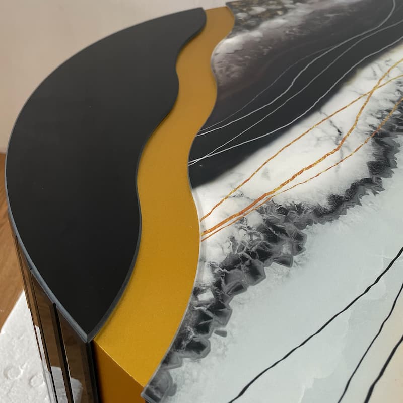 Marble pattern sticker Round Coffee Table, Cylindrical Silver Mirror with Gold Dust Finish, Modern Home Decor Table