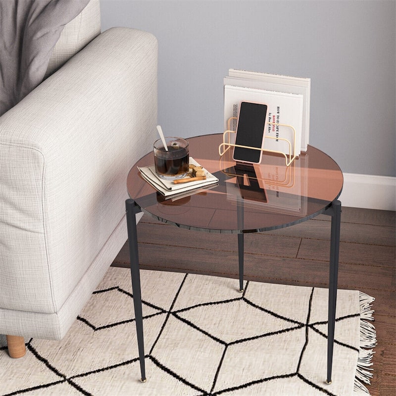 Round Tempered Glass End Table Sofa Table with Metal Frame for Living Room - 19.7x19.7 inch