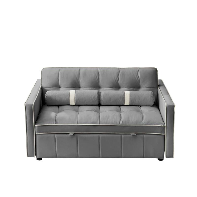 Velvet Pull Out Sleeper Sofa Bed, Adjustable Backrest Upholstered Tufted Couch Futon Sofa with 2 Pillows, Pockets
