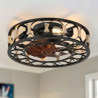 Cusp Barn 20-inch Farmhouse Cage Ceiling Fan with Remote, Low Profile Flush Mount Rope Light Fixture, 6 Speeds Fan for Bedroom