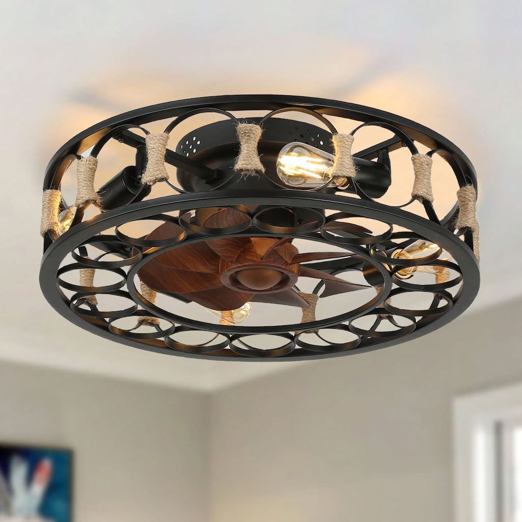 Cusp Barn 20-inch Farmhouse Cage Ceiling Fan with Remote, Low Profile Flush Mount Rope Light Fixture, 6 Speeds Fan for Bedroom