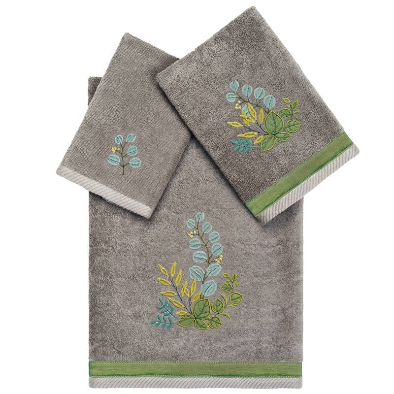 Authentic Hotel and Spa 100% Turkish Cotton Botanica 3PC Embellished Towel Set - Charcoal