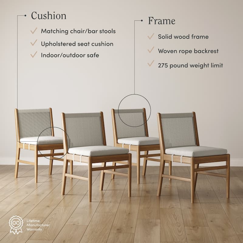 Kayden Solid Wood Dining Chair or Bar Stool with Woven Rope Backrest, Upholstered Stool for Kitchen or Bar