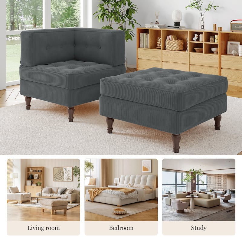 Corduroy L-shape Modular Corner Sectional Sofa with Reversible Storage Ottoman