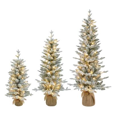 Puleo International Set of 3 Artificial Flocked Spruce Trees in 3', 4', and 5' with Burlap Base
