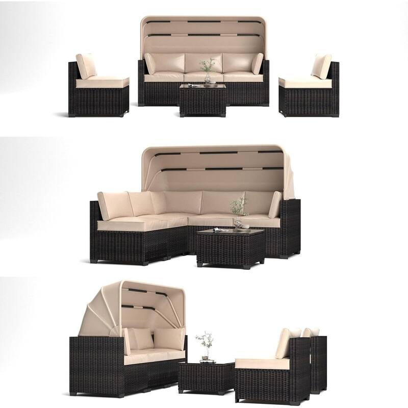 6-Piece PE Rattan Patio Sectional Set, Weather-Resistant Furniture, Retractable Canopy, Adjustable Backrest, Outdoor