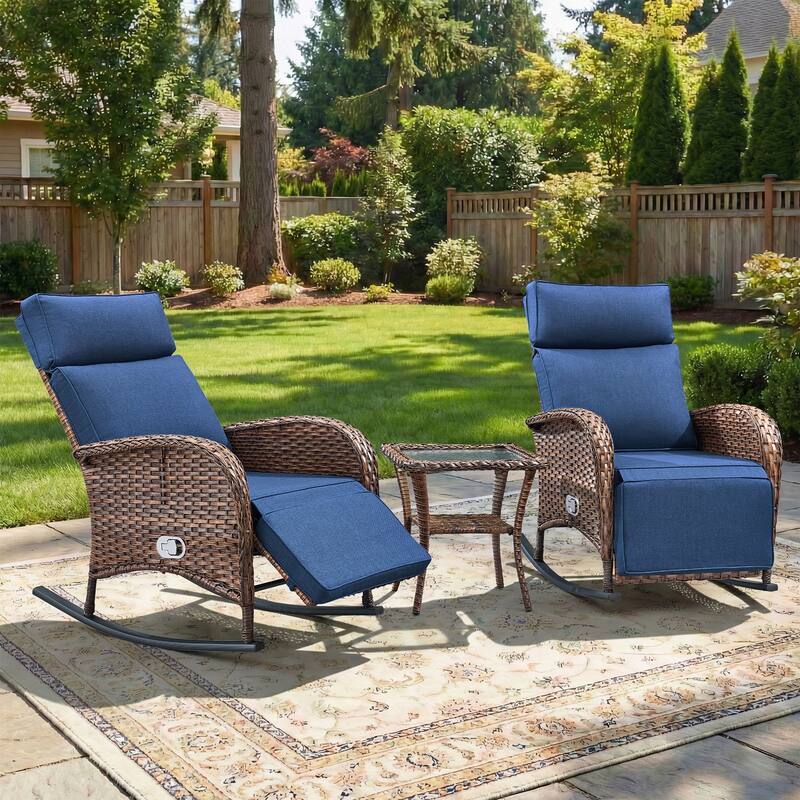 Pocassy Versatile Outdoor Recliner Rocker Chair with Side Table - Brown Wicker with Blue Cushion - 3-Piece Rocker Recliner Chair with Side Table