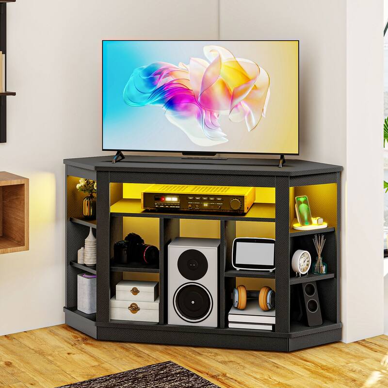 Moasis Modern Corner TV Stand for TV up to 55" Media Entertainment Center with LED Lights and Power Outlets