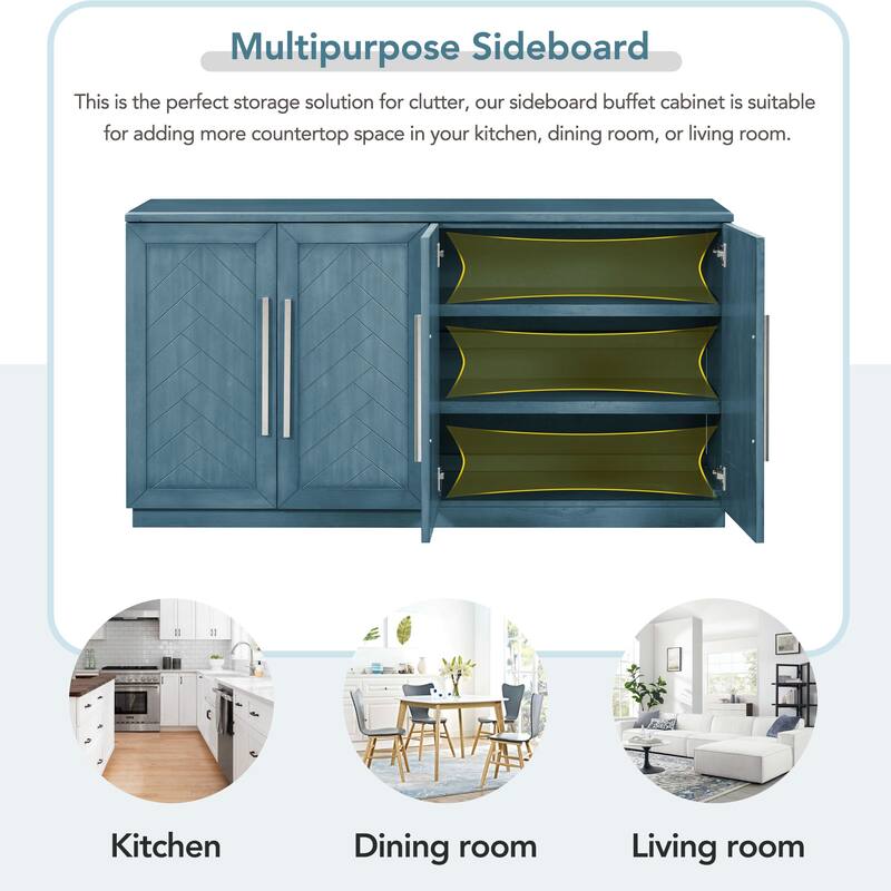 Antique Blue Sideboard Buffet Cabinet Adjustable Shelves Storage Cabinet