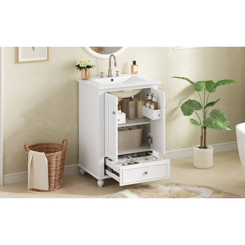 24"Bathroom Vanity with Ceramic Sink, Storage Cabinet with Soft Closing Doors, Bathroom Cabinet with Drawer and Drawer Dividers