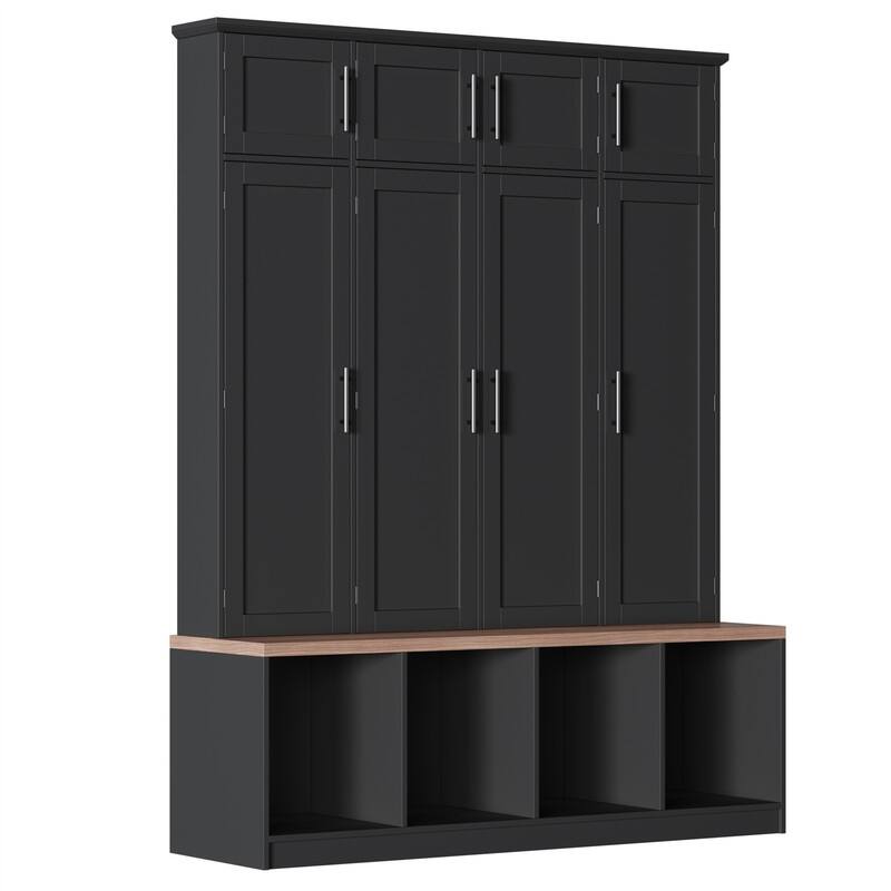 Farmhouse Hall Tree with 4 Hidden Hanging Hooks, Versatile Entryway Bench with 8 Doors, Shoe Cabinet with Open Compartments