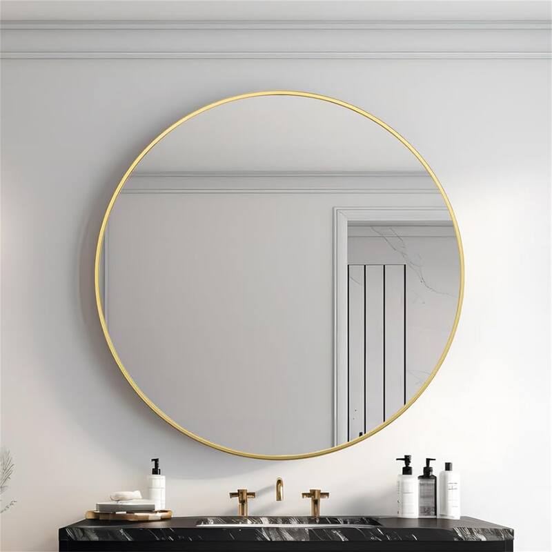 42" Metal Framed Round Mirror with Shatterproof Film and Hooks