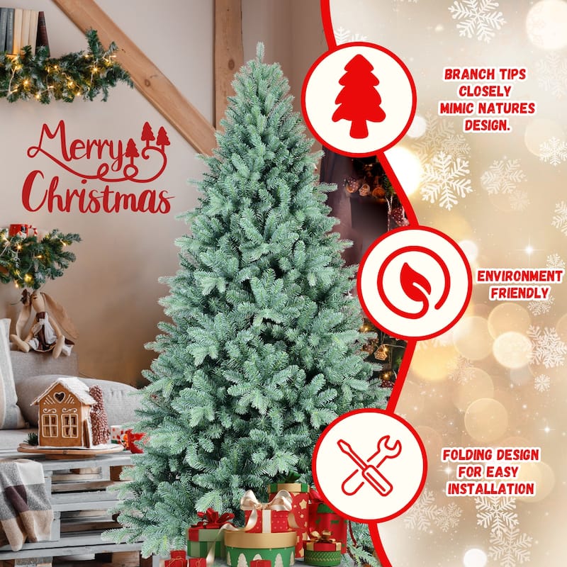6FT Blue PE/PVC Christmas Tree-1390 Tips, Hinged Branch Design, Full Natural Look