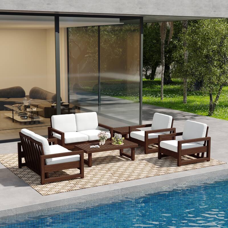 Oversize Teak Wood Loveseat Armchair Outdoor Patio Conversation Set with Cushion - Dark Wood - Beige