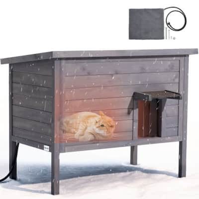 Insulated Wooden Cat House with Heating Pad and Waterproof Outdoor Shelter for Multiple Cats