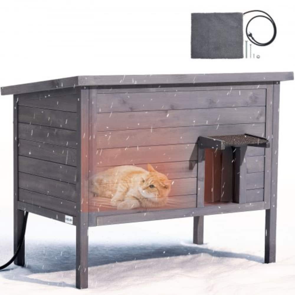 Insulated Wooden Cat House with Heating Pad and Waterproof Outdoor Shelter for Multiple Cats
