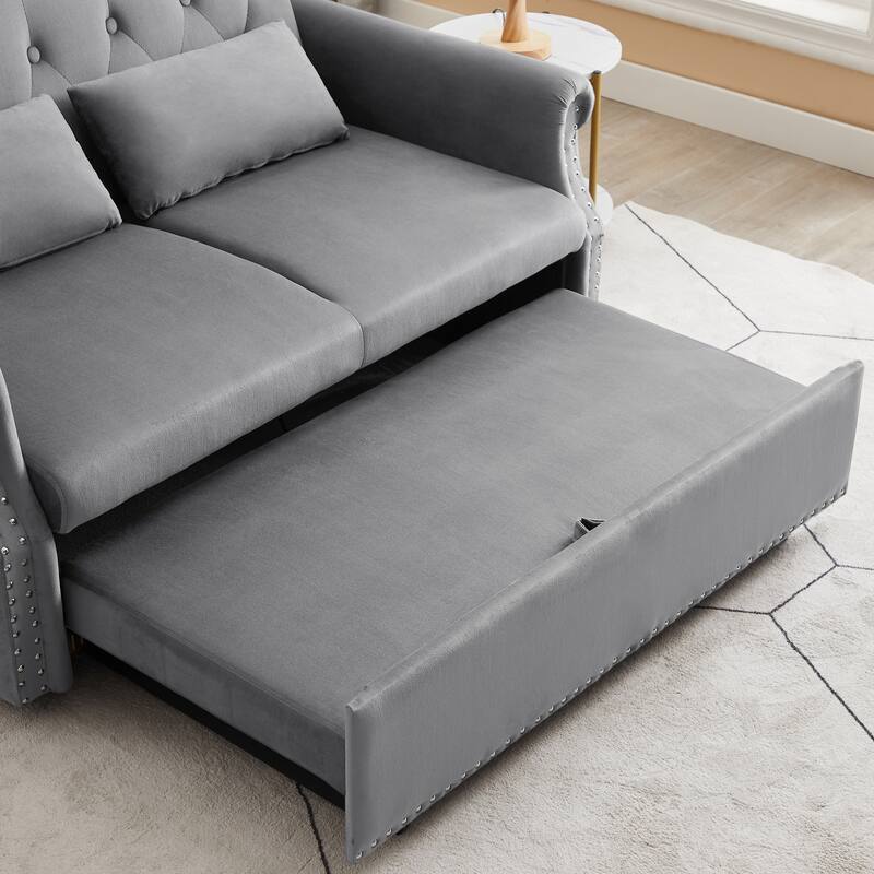 Velvet Convertible Loveseat Sleeper sofa with 2 Lumbar Pillows, Adjustable Pull-Out Bed and Removable Armrest