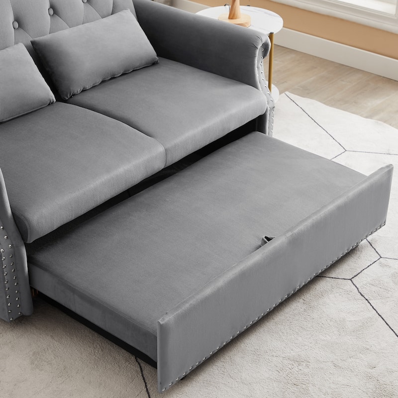 Velvet Pull Out Loveseat Sofa Convertible Sleeper Loveseat Bed with 2 Pillows Rivet Arm Lounge Couch Tufted Sofa
