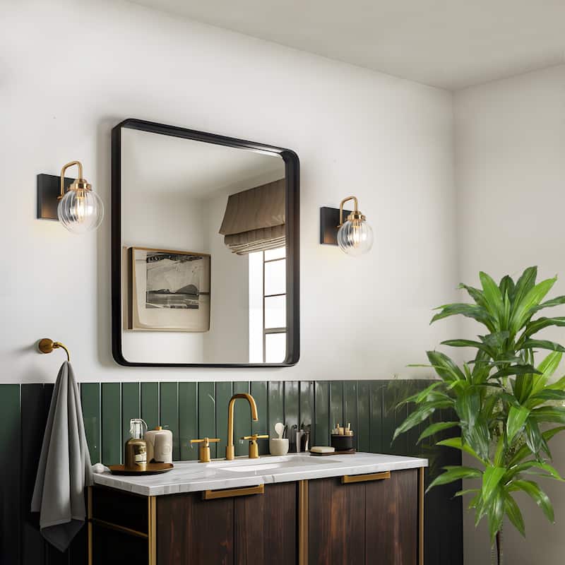 Modern 2-Light Black Gold Bathroom Vanity Light Ribbed Glass Wall Sconce